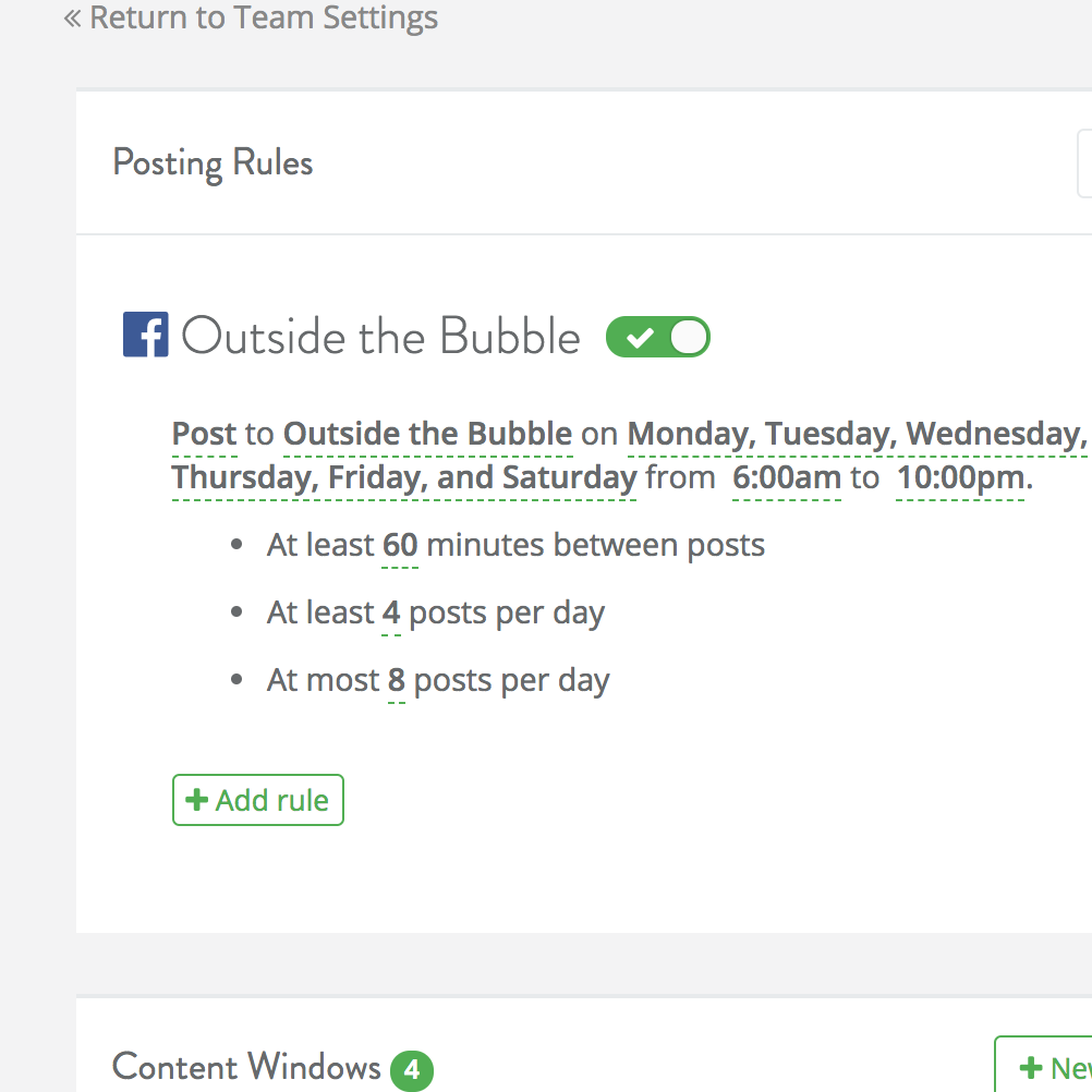 Naytev complex scheduling interface showing posting rules and thresholds
